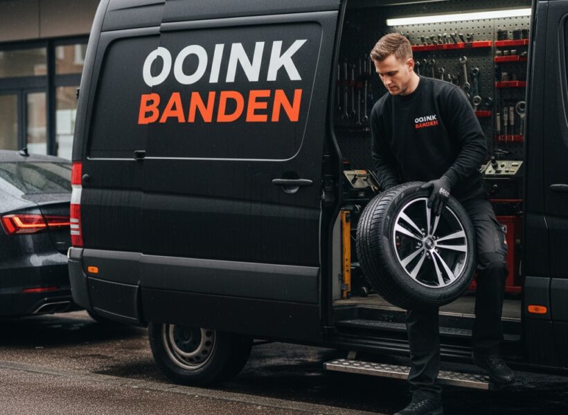 banden balanceren 4 Ooink Banden monteur met wit 'OOINK' en rood 'BANDEN' komt half uit zwarte servicewagen