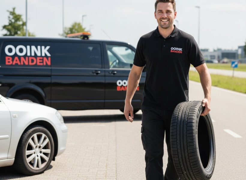 Lekke band vervangen 5 Ooink Banden monteur met nieuwe band en glimlach nadert auto met lekke band
