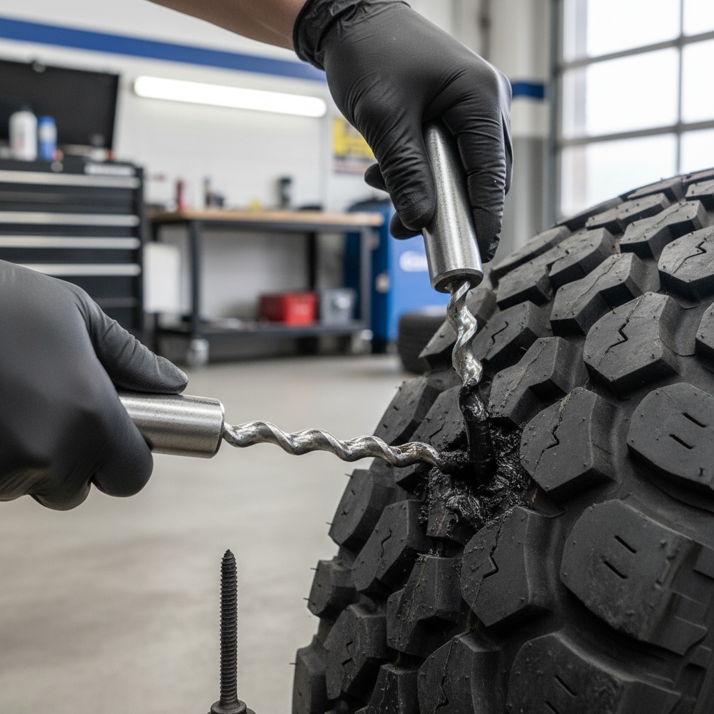 Lekke Band Reparatie 7 Professionele lekke band reparatie - vakkundige monteur repareert bandenpech met moderne apparatuur